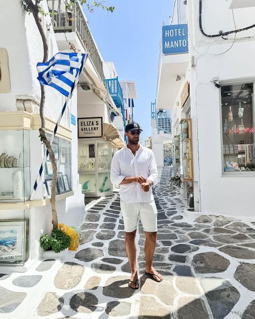 Thibaud walking through Mykonos, Greece